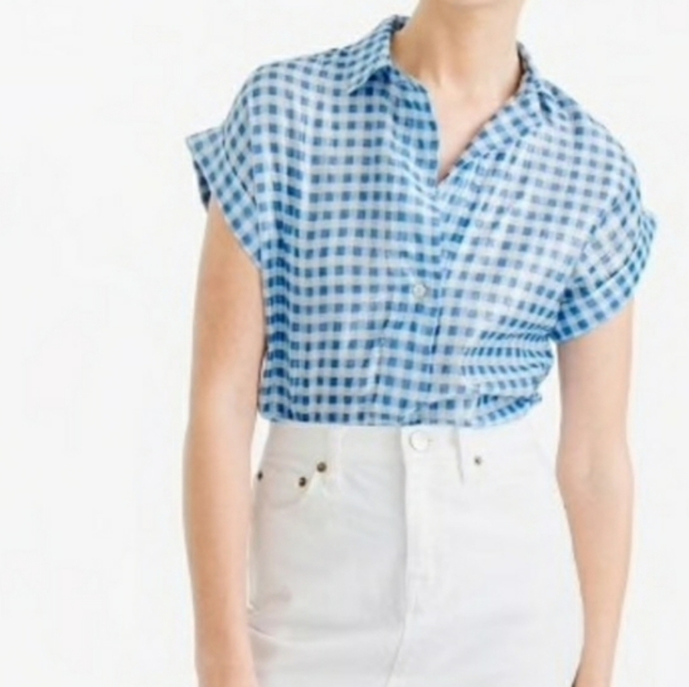 J. Crew Blue and White Gingham Check Metallic Pop-over Blouse Size 2